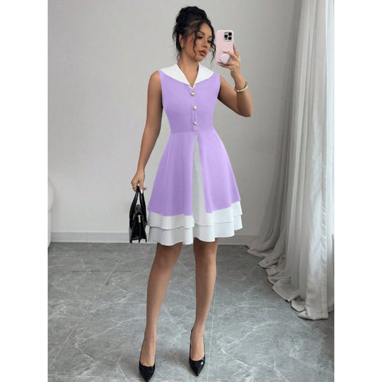 Damen Sommerkleid mit modischem Kragen und Knopfdetails R&B