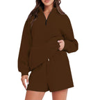 Damen Freizeit-Loungewear-Set mit halbem Reißverschluss und praktischen Taschen R&B
