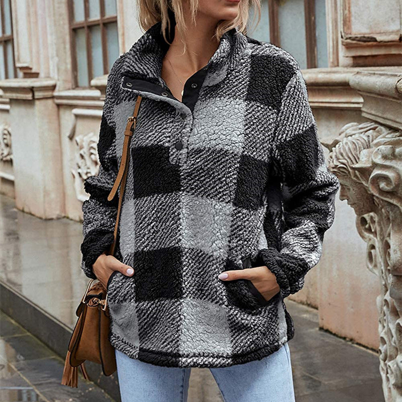 Damen Gemusterte Teddyjacke mit modernem Kragen und praktischen Taschen R&B