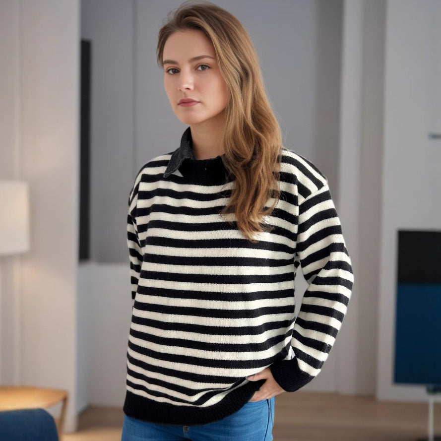 Damen lässiger Pullover mit strukturellem Streifenmuster und modischem Kragen R&B