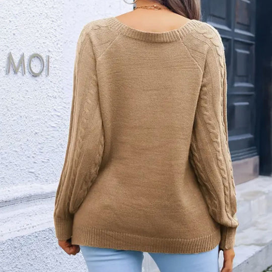 Damen eleganter Pullover mit Zopfmuster und dekorativen Knopfdetails R&B
