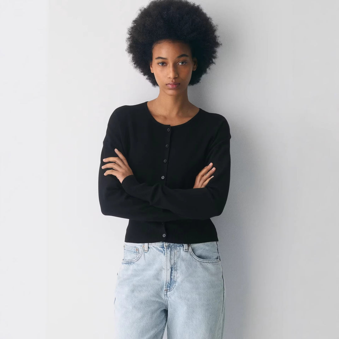 Damen Cropped Strickjacke mit Knopfleiste und Rippstrick R&B