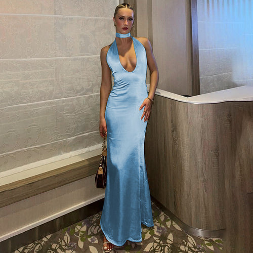Damen Elegantes Maxikleid mit tiefem V-Ausschnitt und geschmeidigem Stoff R&B