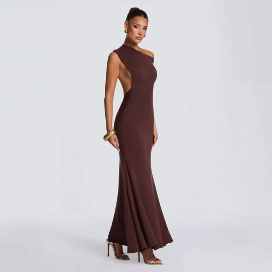 Damen Elegantes asymmetrisches Maxikleid mit schulterfreiem Design R&B