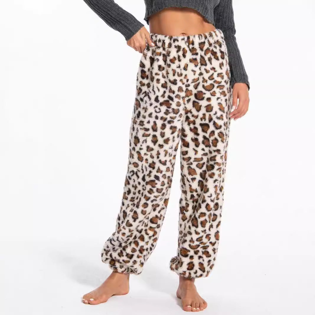 Damen kuschelige Fleece-Hose mit Leopardenmuster