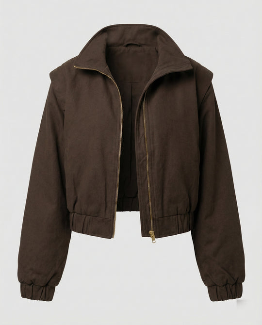 Taillierte Damen Kunstlederjacke mit Schulterpolstern Braun Kurz geschnitten Modisch