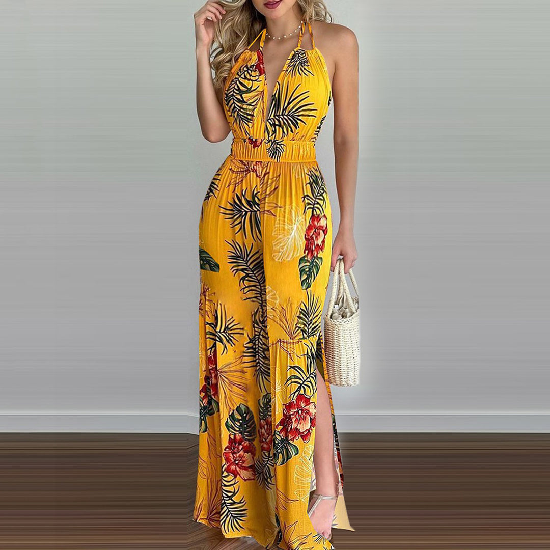 Damen eleganter Jumpsuit mit Spaghettiträgern und hohen Seitenschlitzen R&B