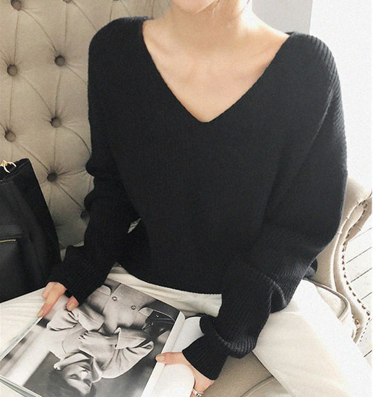 Damen Grob gestrickter V-Ausschnitt Pullover mit lässiger Passform und Volumenärmel R&B