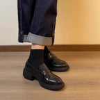 Damen modische Loafers mit robustem Blockabsatz und glänzender Lederoberfläche R&B