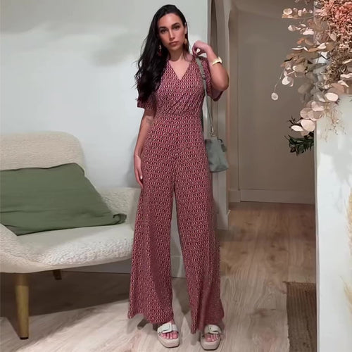 Damen Jumpsuit mit elastischem Bund und tiefem V-Ausschnitt R&B
