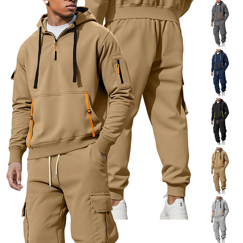 Herren nan lässiger Halbzip Hoodie mit Kängurutasche und Cargo Jogginghose mit Reißverschlussdetails R&B