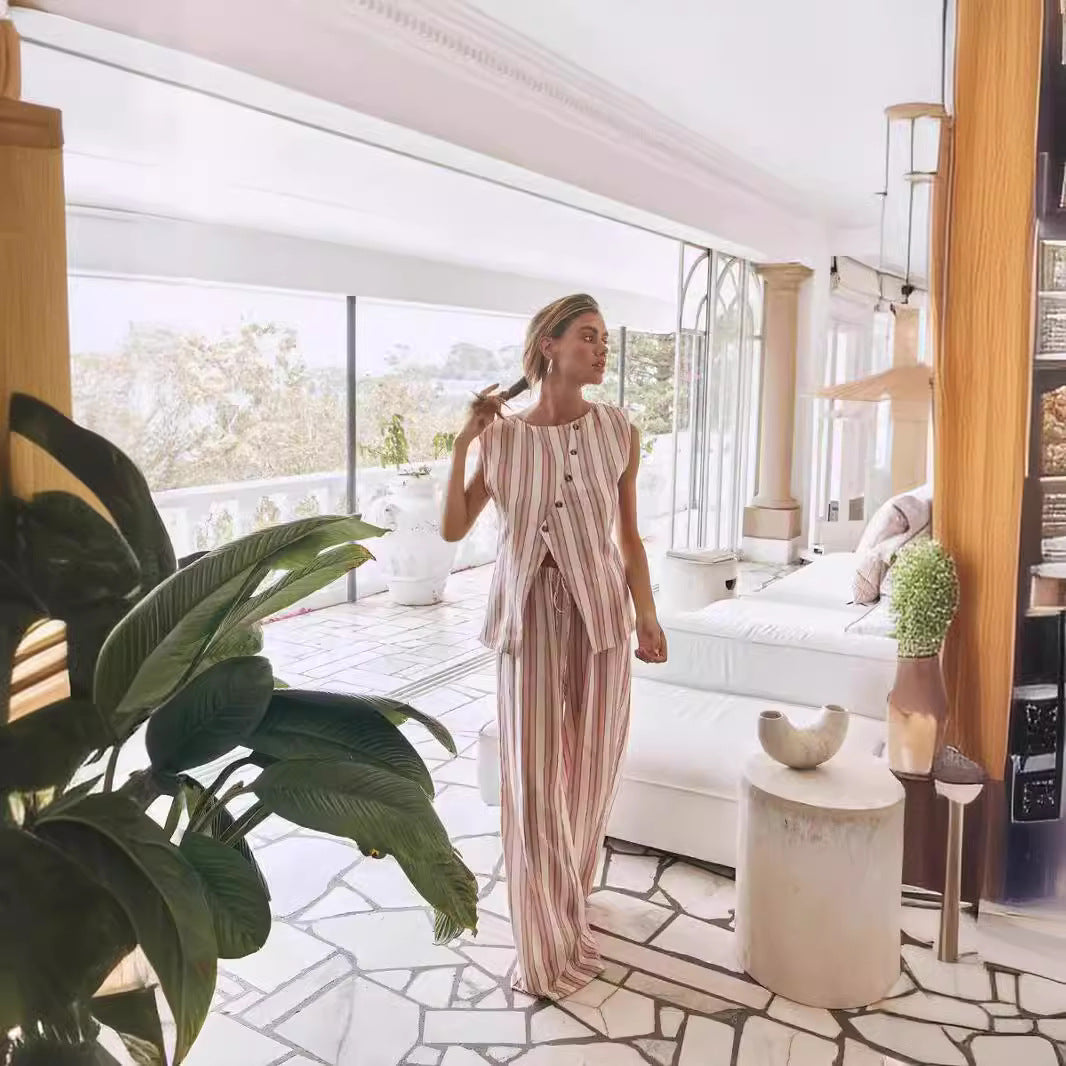 Damen gemütliche Lounge-Set mit gestreiftem Design und knöpfbarem Oberteil R&B
