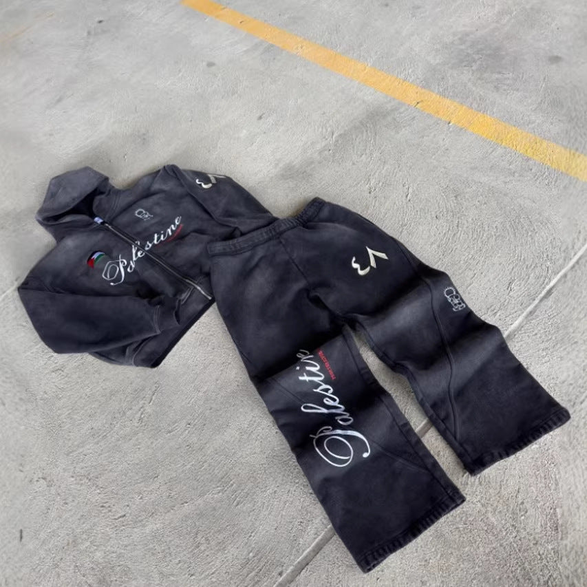 Unisex nan Oversize Kapuzensweat-Set im Vintage-Look mit Reißverschluss, aussagekräftiger Stickerei und weitem Sweatpant R&B