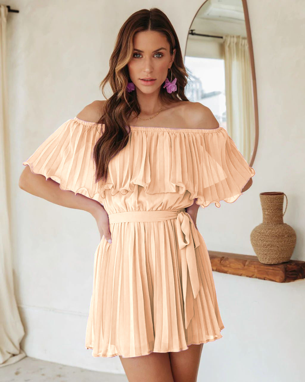 Damen Plissiertes Minikleid mit schulterfreien Puffärmeln und Taillengürtel R&B