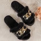 Damen Slide-Sandalen mit modischem Pelzbesatz und auffälliger Kettenapplikation R&B