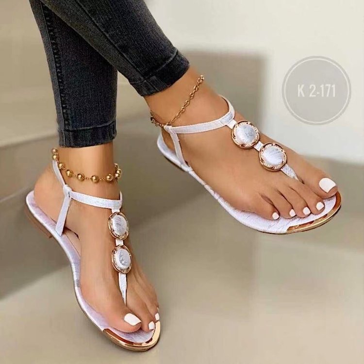 Damen nan elegante T-Steg-Sandale mit mehrteiliger Medaillon-Applikation und verstellbarem Knöchelriemen R&B