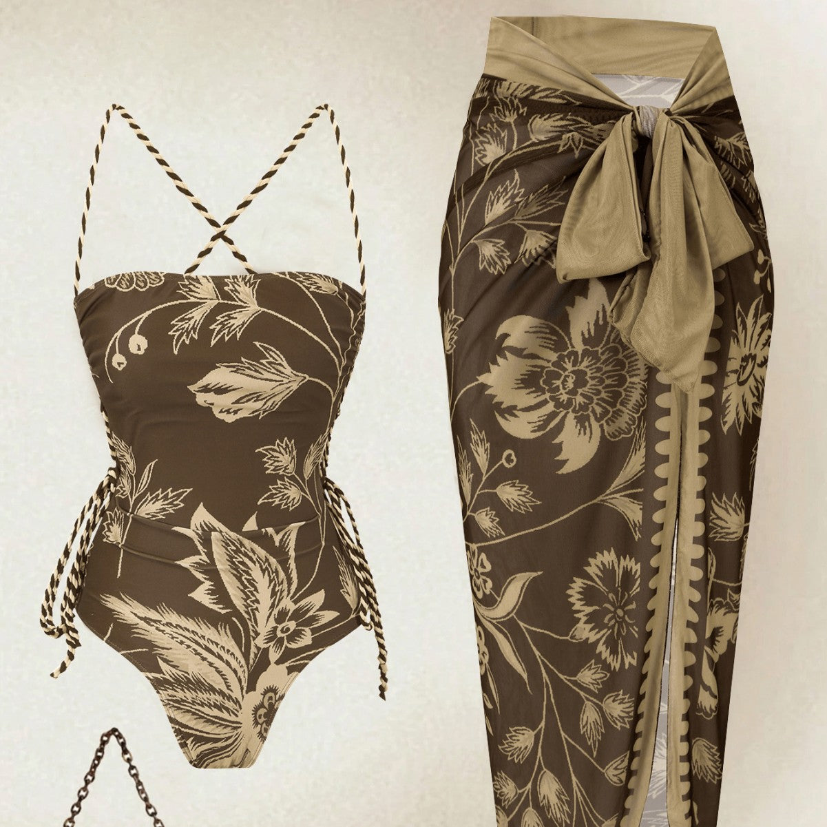 Damen Eleganter Floral Badeanzug mit passendem Wickelrock R&B