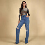 Damen Ripped Jeans mit hohem Bund und figurbetonter Passform