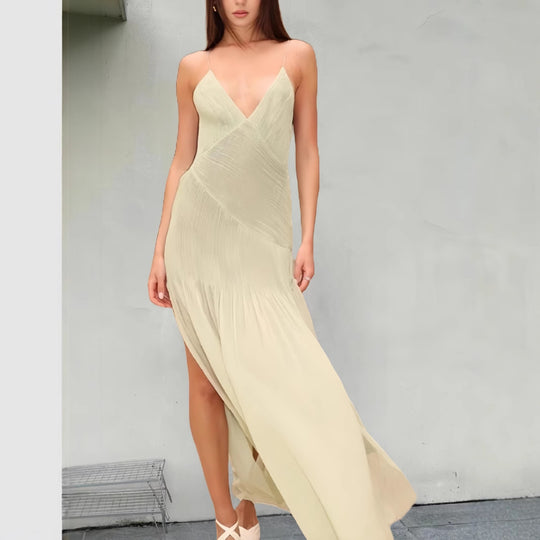 Damen Fließendes Maxikleid mit elegantem V-Ausschnitt und schwingendem Saum R&B