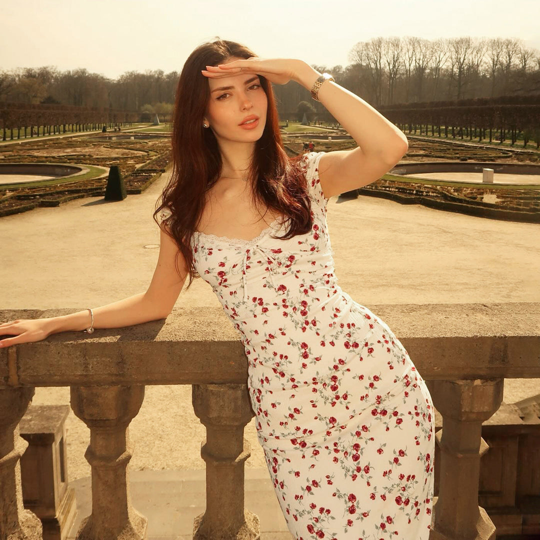 Damen Midikleid mit verspieltem Blumendruck und bindbaren Trägern R&B