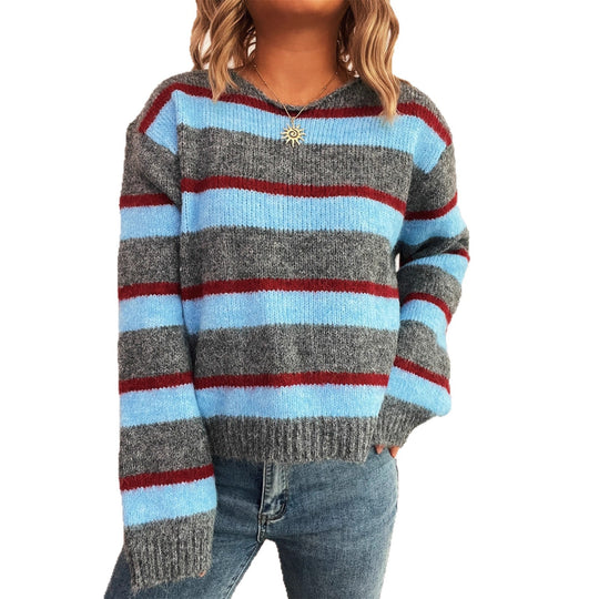 Damen gemusterter Strickpullover mit breiten Streifen und lässigem Schnitt R&B