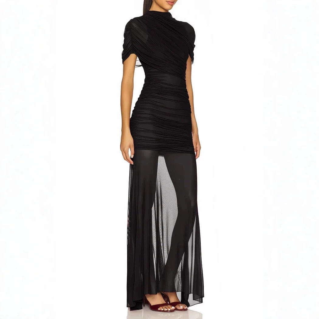 Damen Elegantes Cocktailkleid mit gerafftem Design und transparenter Schicht R&B