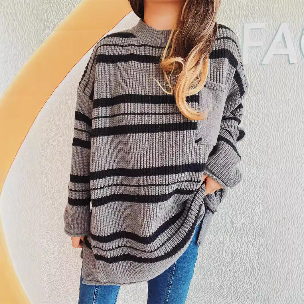 Damen lässiger Strickpullover mit modernem Streifenmuster R&B