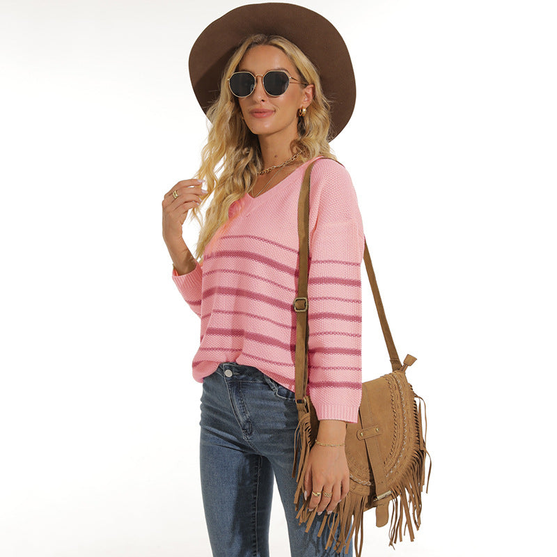 Damen lässiger Pullover mit modernem Streifenmuster und V-Ausschnitt R&B