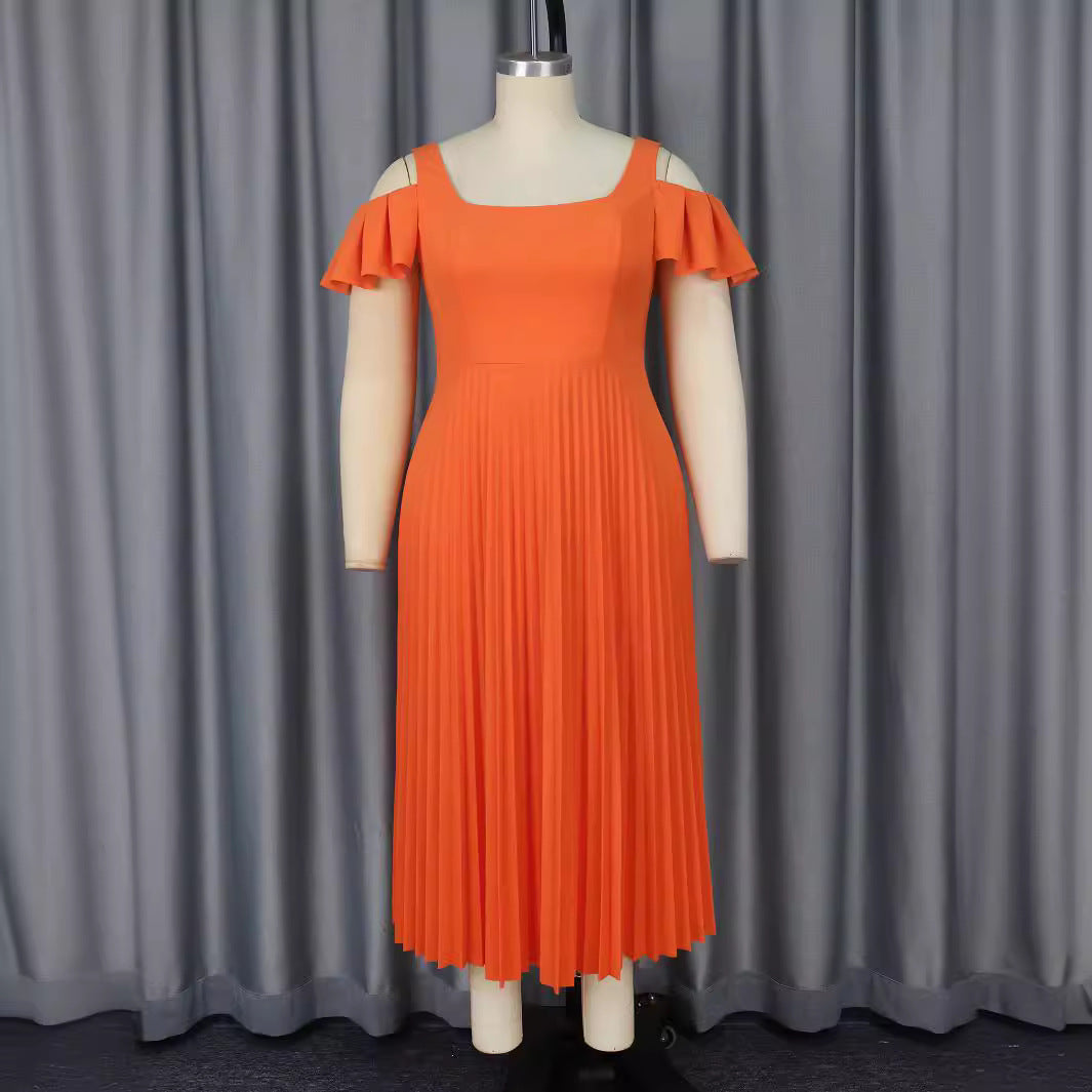 Damen plissiertes Kleid mit schulterfreien Rüschen R&B