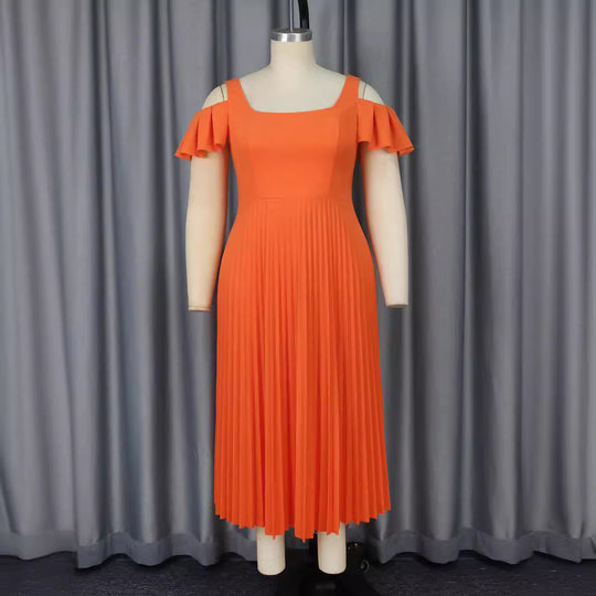 Damen plissiertes Kleid mit schulterfreien Rüschen R&B