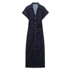 Damen lässiges Midi-Kleid mit Knopfverschluss und Raffung