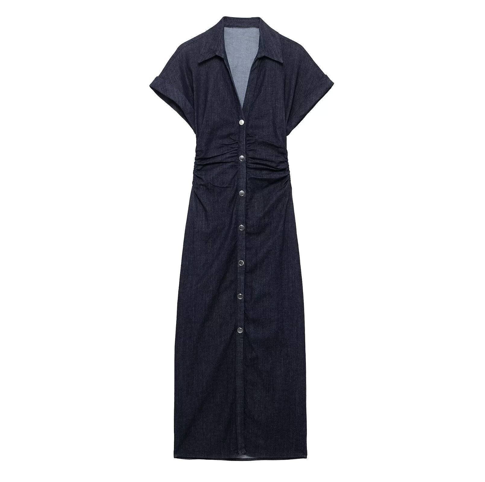 Damen lässiges Midi-Kleid mit Knopfverschluss und Raffung