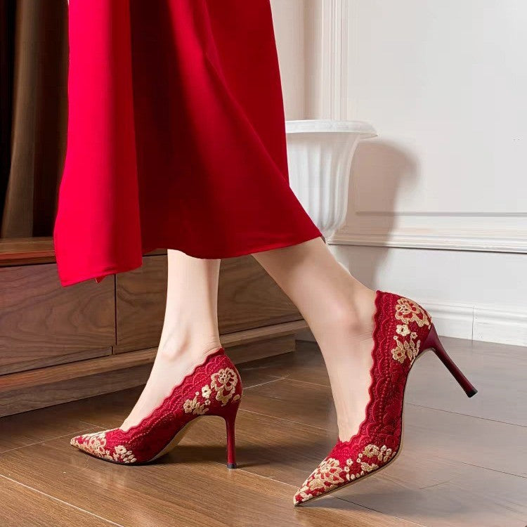 Damen elegante High Heels mit floralem Spitzenbesatz R&B