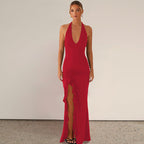 Damen elegantes Maxikleid mit tiefem V-Ausschnitt und seitlichem Schlitz R&B