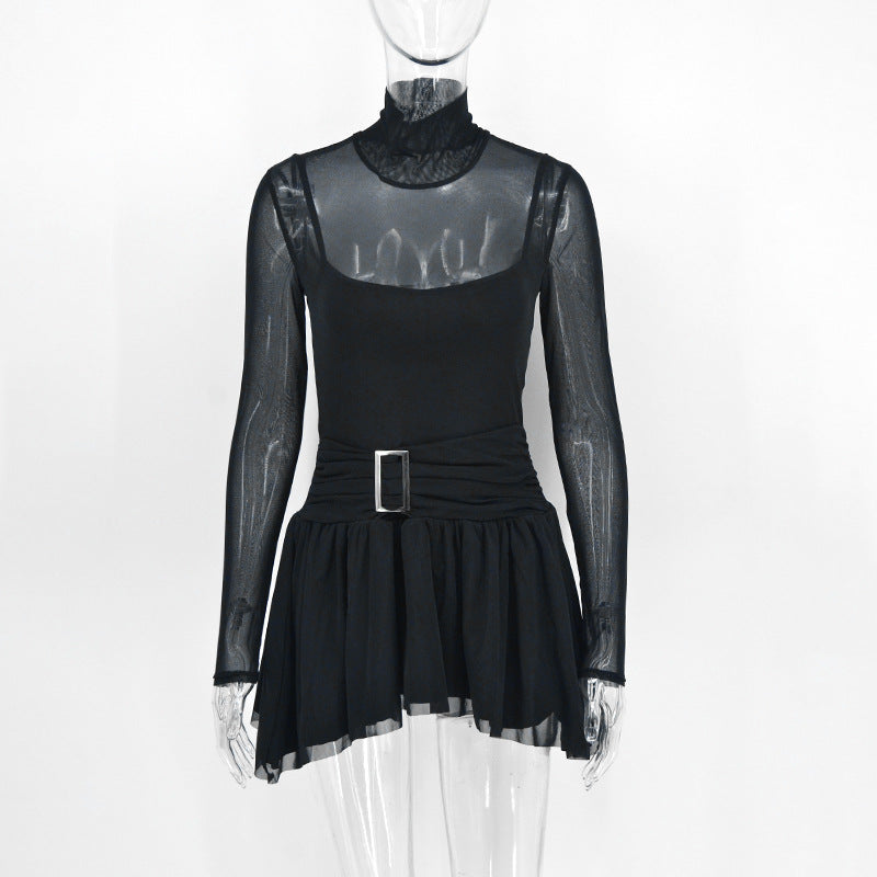 Damen Mini-Raffkleid mit transparenten Ärmeln und tailliertem Design R&B