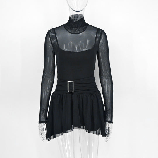 Damen Mini-Raffkleid mit transparenten Ärmeln und tailliertem Design R&B