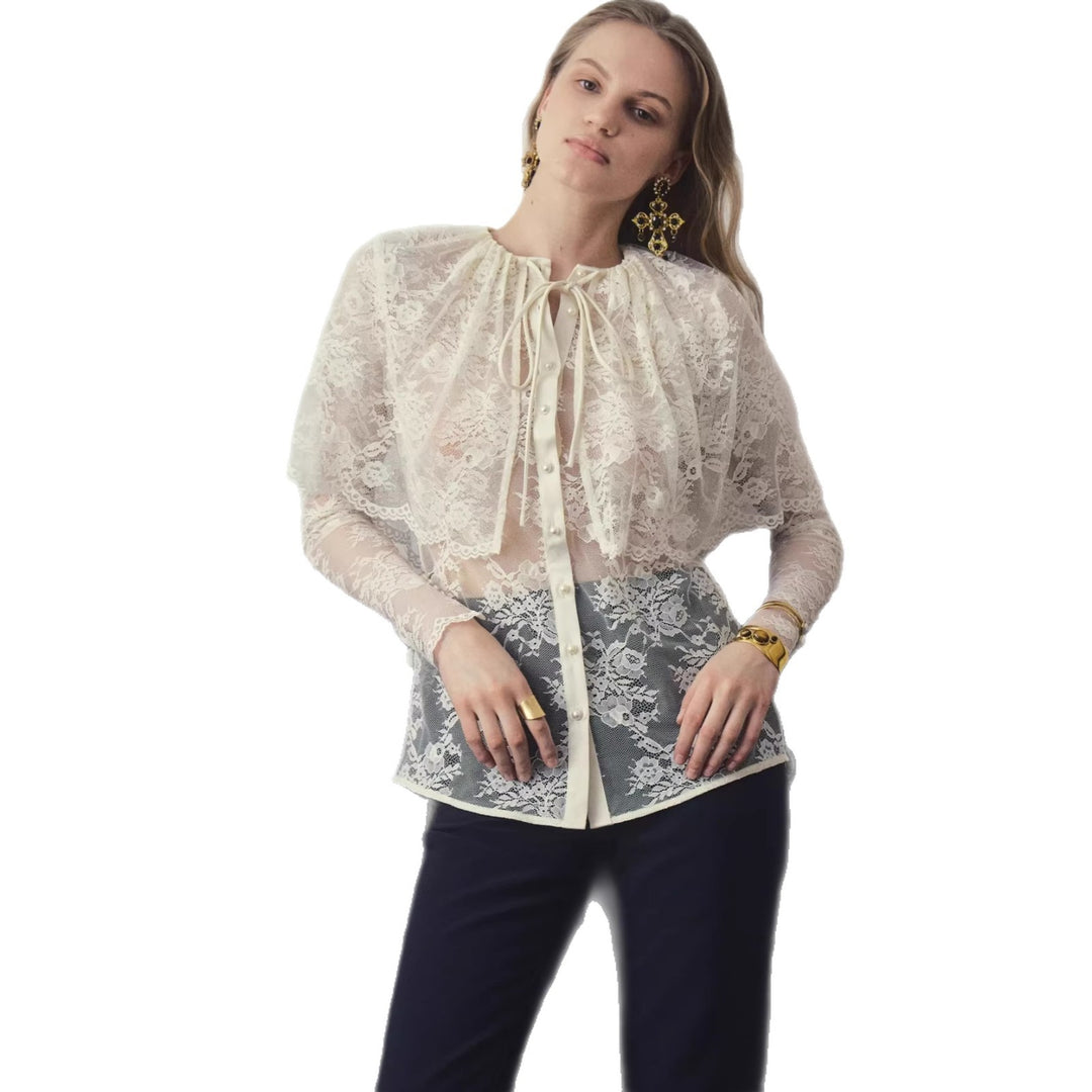 Damen Spitzenbluse mit eleganter Schleifenverzierung und transparenten Einsätzen R&B