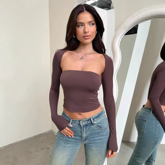 Damen Langarm Crop-Top mit körpernahem Schnitt und weitem Ausschnitt R&B