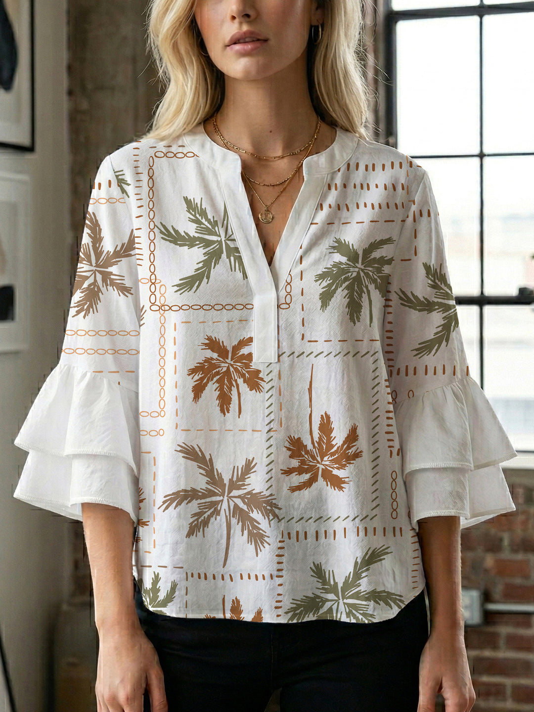 Damen Bluse mit Rüschendetails und auffälligem Animal-Print R&B