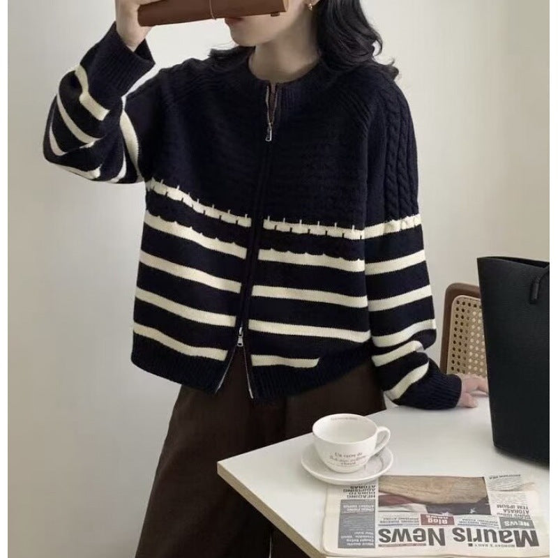 Damen Strickjacke im hochmodernen Streifendesign mit Reißverschluss R&B