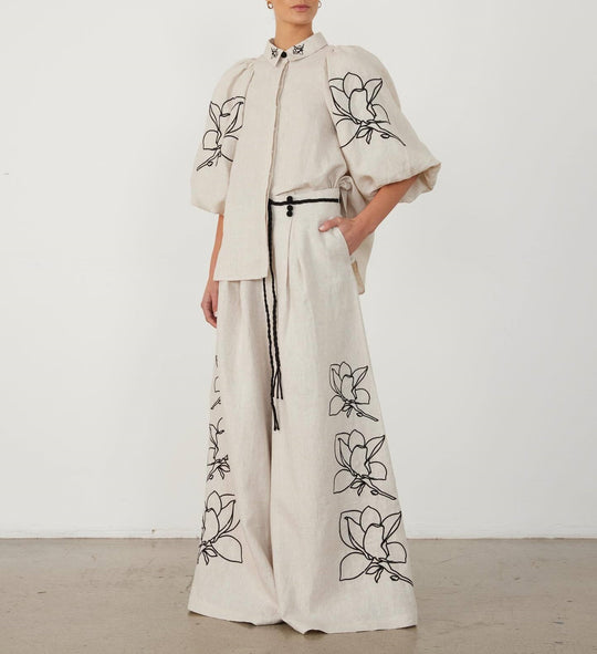 Damen Weit geschnittene Leinenhose mit floralen Stickereien R&B