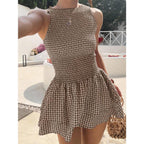 Damen ärmelloses Mini-Dress mit Karomuster und elastischem Bund R&B