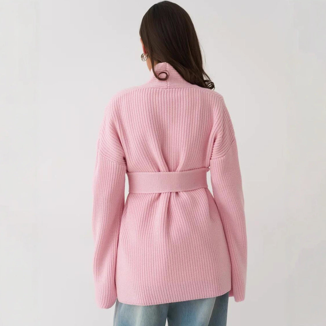 Damen Strickjacke mit Bindegürtel und weit geschnittenen Ärmeln R&B