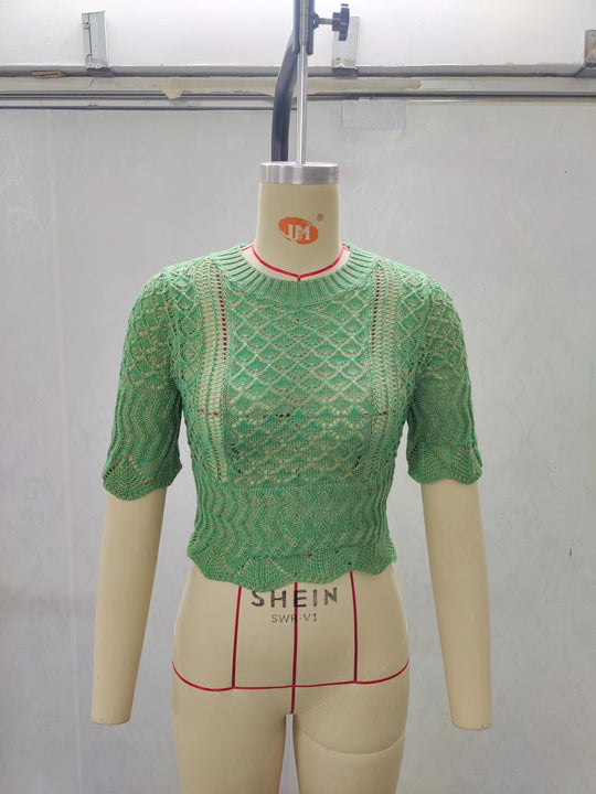 Damen Print Strickoberteil mit luftiger Netzstruktur und modischem Crop-Schnitt R&B