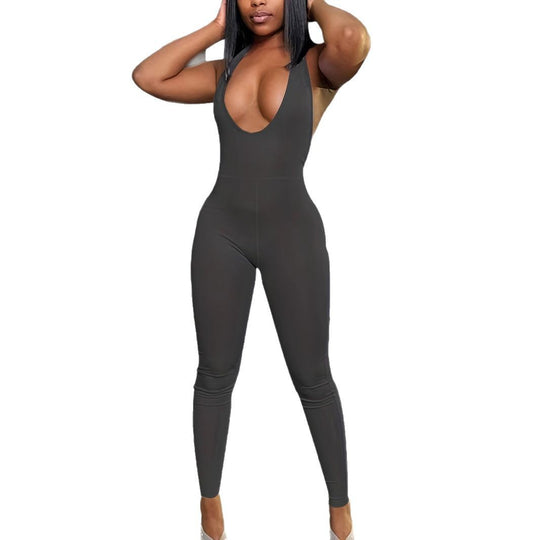 Damen Figurbetonter Jumpsuit mit tiefem V-Ausschnitt und modischem Design R&B