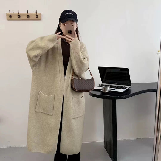 Damen Langer Oversized Strickcardigan mit praktischen Taschen und breiten Ärmeln R&B