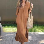Damen Lässiges Maxikleid mit V-Ausschnitt und seitlichen Schlitzen R&B