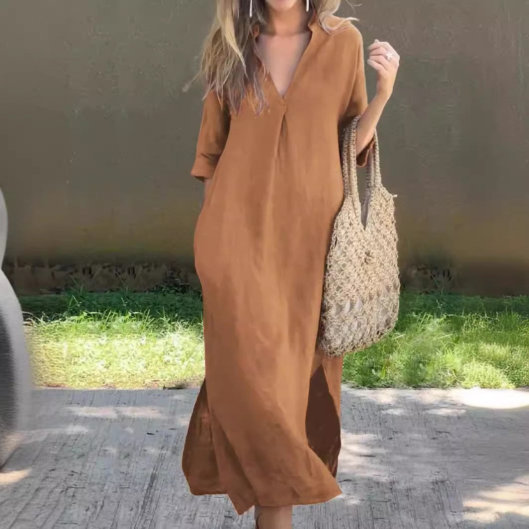 Damen Lässiges Maxikleid mit V-Ausschnitt und seitlichen Schlitzen R&B
