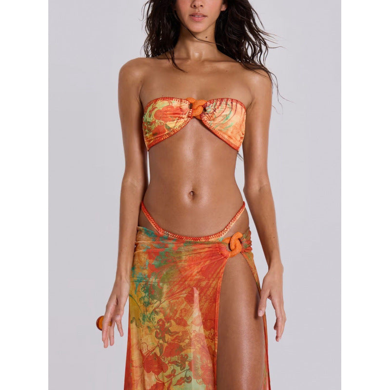 Damen Strandkleid mit floralem Wickeldetail und raffiniertem BindR&Band R&B