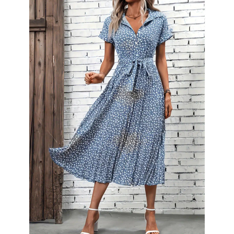 Damen Maxikleid mit knöpfbarem Kragen und Bindegürtel R&B